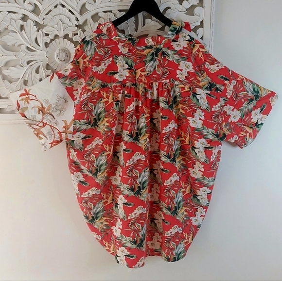 NWT Buffalo David Bitton Large Red Cream Tropical Print Button Front Blouse - Picture 5 of 9
